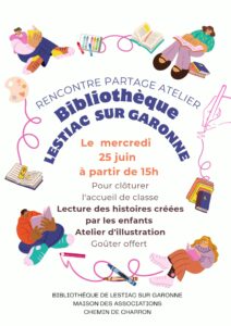 Bibliothèque Lestiac mercredi 25 juin 2025 atelier lecture illustration goûter